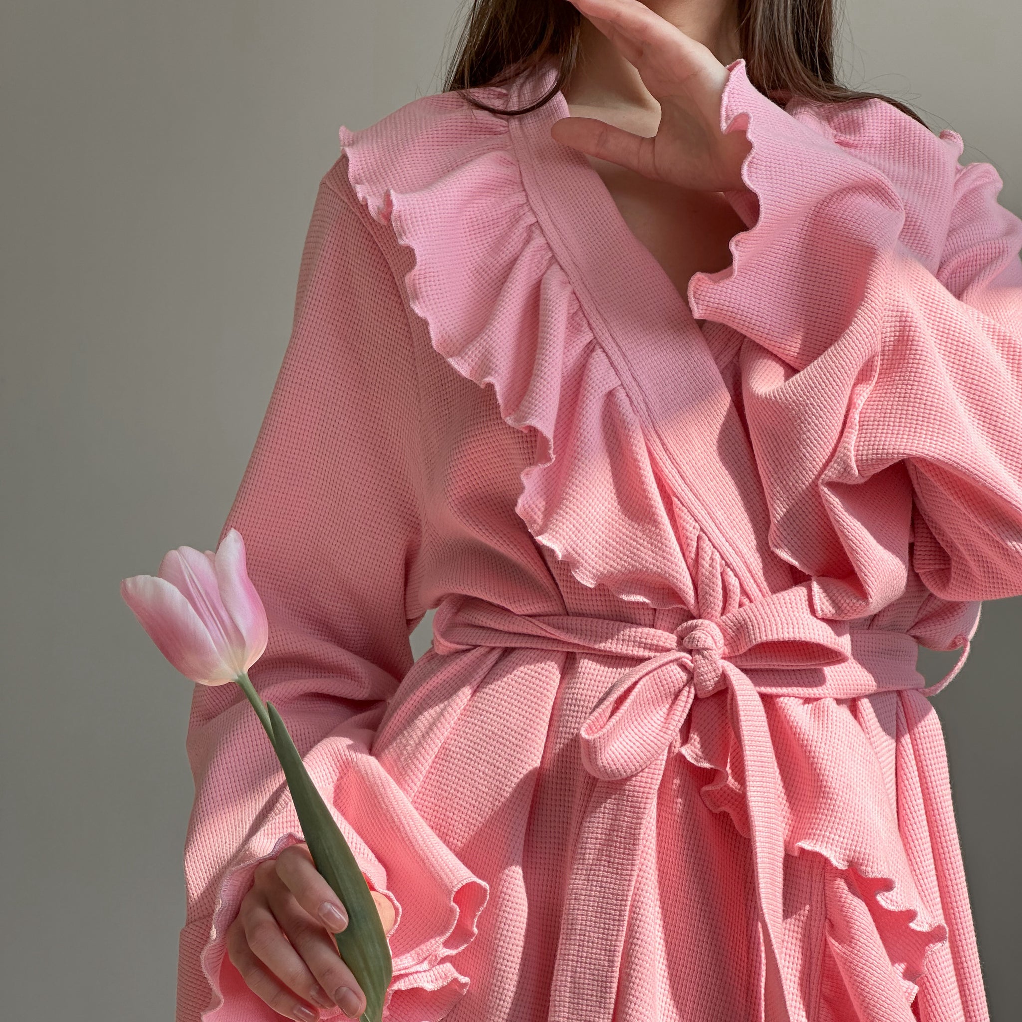 Pink Ruffle Waffle Knit Robe - Cozy & Chic Loungewear