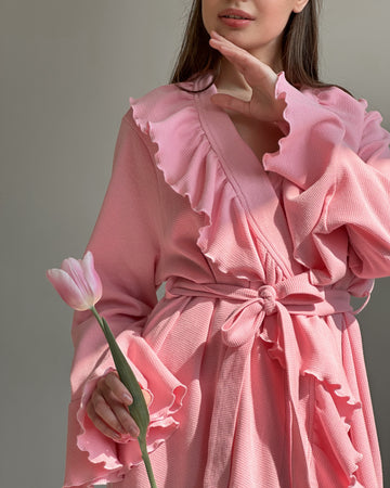 Pink Ruffle Waffle Knit Robe - Cozy & Chic Loungewear