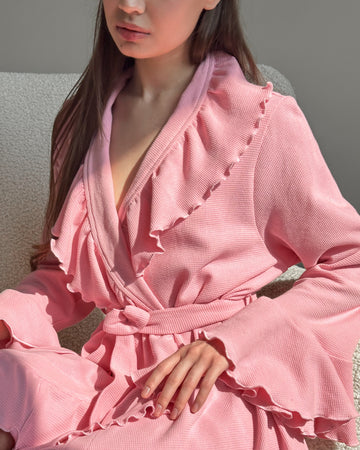 Pink Ruffle Waffle Knit Robe - Cozy & Chic Loungewear