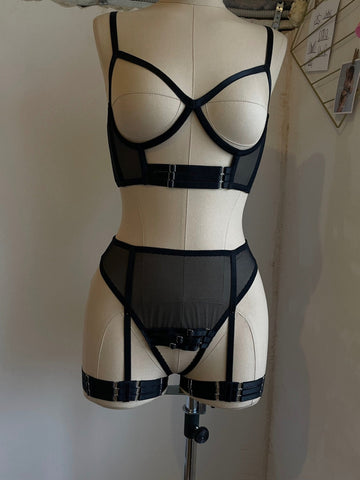 Cupless Corset Bra and Strappy High Waist Crotchless Panties Set